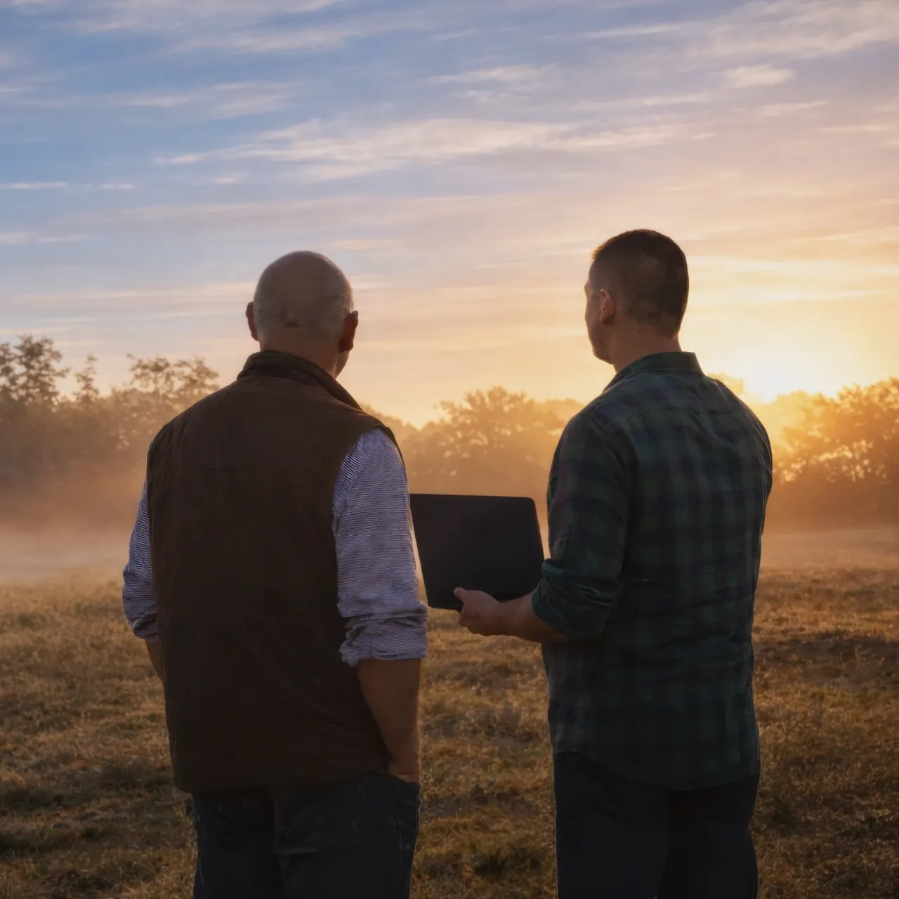 Two farmers reviewing farm data on a laptop at sunrise in an Australian paddock
